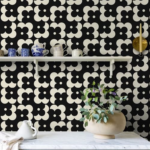 Ismoon Geometric Peel and Stick Wallpaper Boho Black and Beige Contact Paper 118"x17.3" Vintage Floral Wallpaper Removable Self-Adhesive Wall Paper Waterproof for Bathroom Wall Decor Vinyl - Image 3