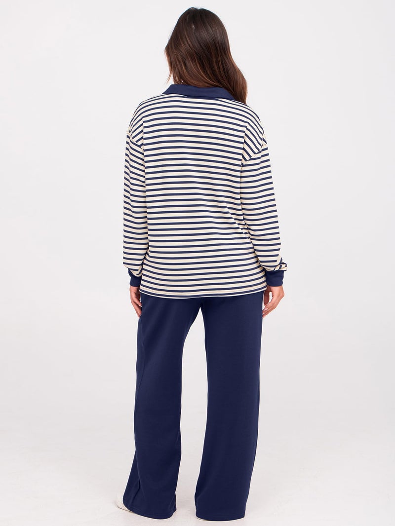 Glamaker Womens Striped 2 Piece Sets Casual Loose Long Sleeve Sweatsuits Matching Pants Sets Travel Outfits (Striped Navy Blue XL) - Image 4