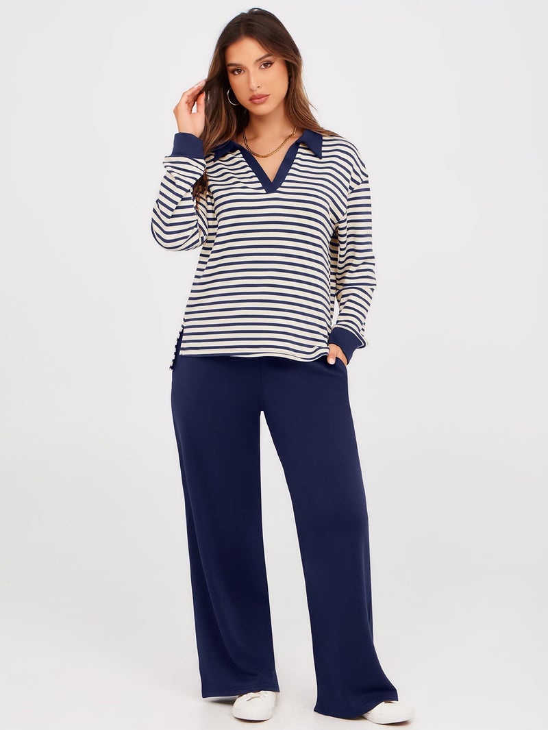 Glamaker Womens Striped 2 Piece Sets Casual Loose Long Sleeve Sweatsuits Matching Pants Sets Travel Outfits (Striped Navy Blue XL) - Image 2