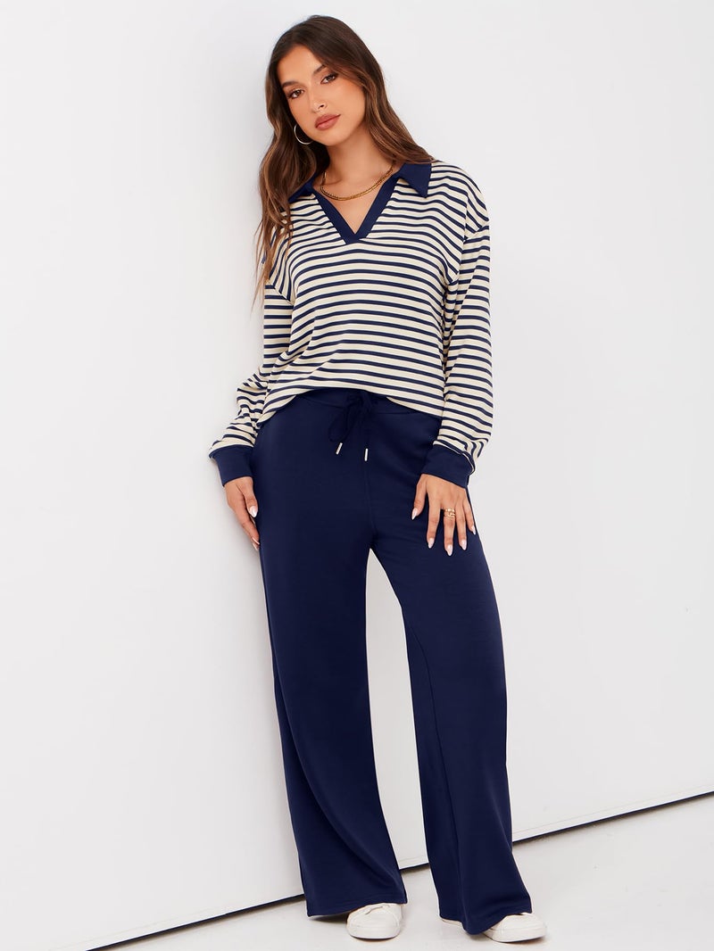 Glamaker Womens Striped 2 Piece Sets Casual Loose Long Sleeve Sweatsuits Matching Pants Sets Travel Outfits (Striped Navy Blue XL) - Image 5
