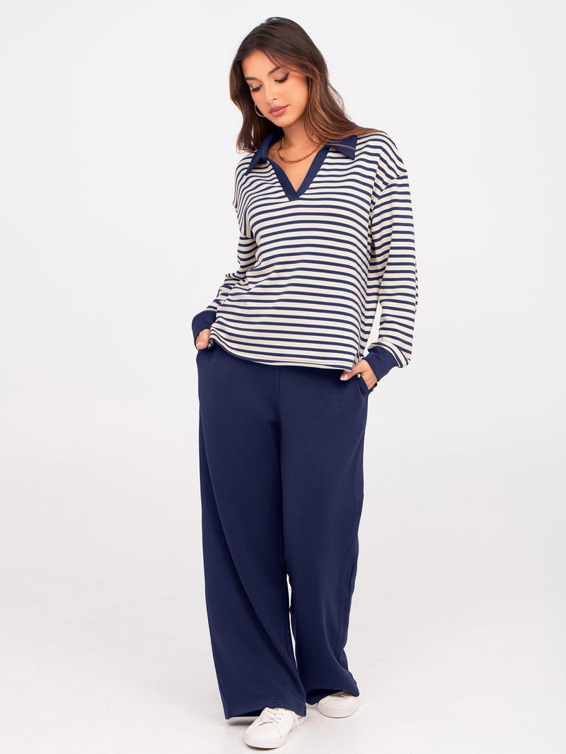 Glamaker Womens Striped 2 Piece Sets Casual Loose Long Sleeve Sweatsuits Matching Pants Sets Travel Outfits (Striped Navy Blue XL) - Image 3