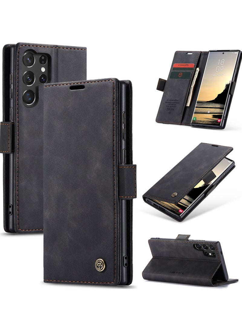 CaseMe Phone Case Luxury PU Leather Design 013 Flip Cover Card Slot Holder Cover For Samsung Galaxy S25 Ultra  (Black) - Image 1