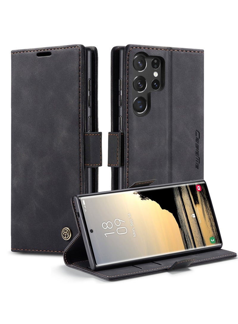 CaseMe Phone Case Luxury PU Leather Design 013 Flip Cover Card Slot Holder Cover For Samsung Galaxy S25 Ultra  (Black) - Image 2
