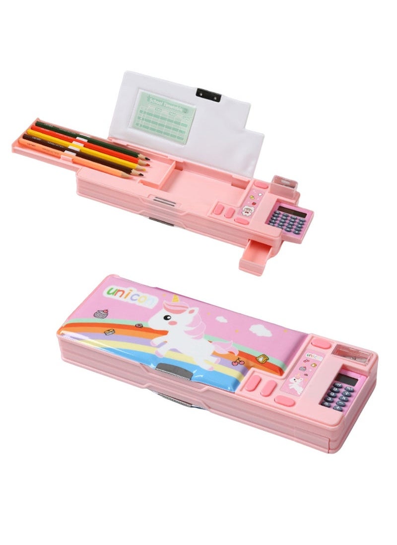Generic - Creative Multi-functional Plastic Stationery Box for Primary School Students Double-sided Magnetic Pencil Calculator Sharpener (Pink, Unicorn) - Image 1