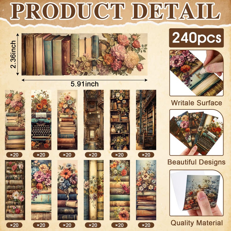 Faccito 240 Pcs Bookmarks Gift Bulk 5.9 x 2.4 Inches Book Club Gift Bookish Gifts Reading Tracker for Women Men Teacher Library Party(Vintage) - Image 3