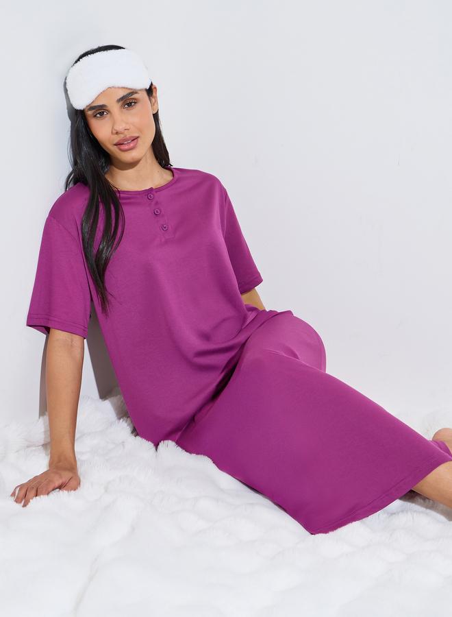 Styli Magenta Solid Button Neck Round Neck Nightdress - Image 1