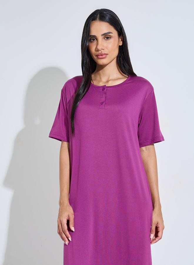 Styli Magenta Solid Button Neck Round Neck Nightdress - Image 3