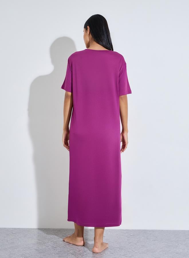Styli Magenta Solid Button Neck Round Neck Nightdress - Image 5