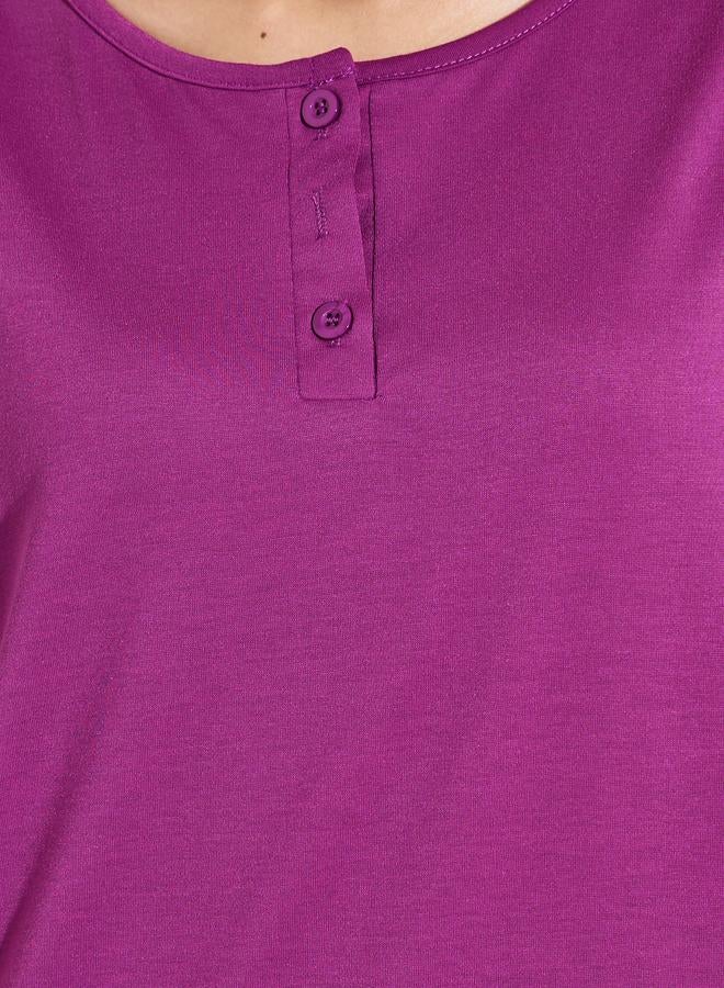 Styli Magenta Solid Button Neck Round Neck Nightdress - Image 4