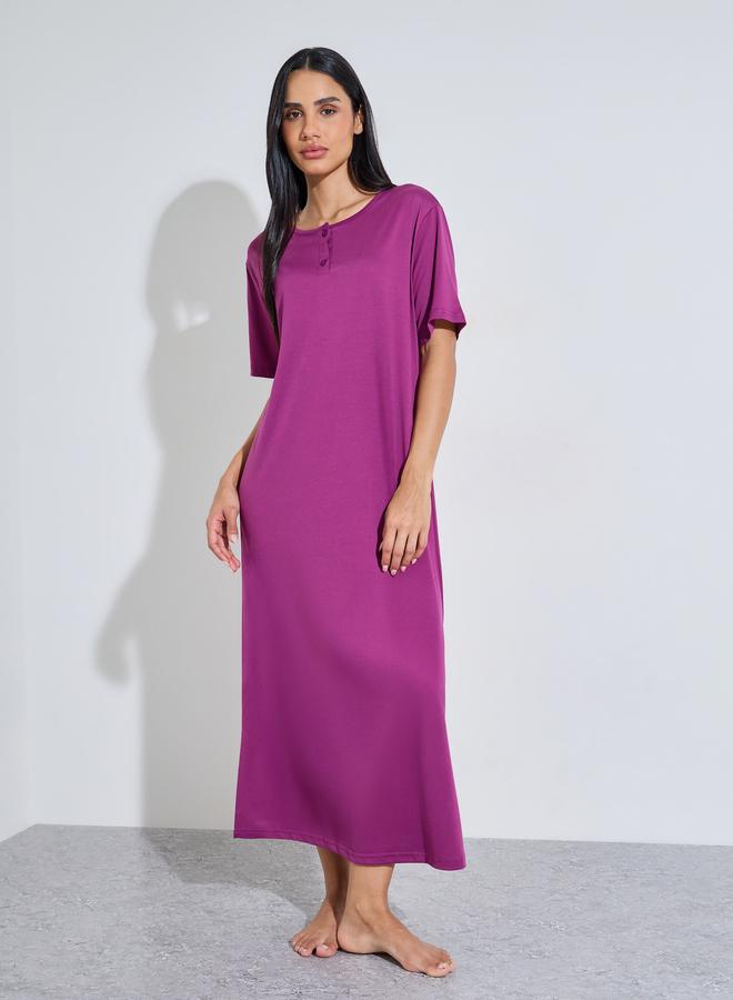 Styli Magenta Solid Button Neck Round Neck Nightdress - Image 2