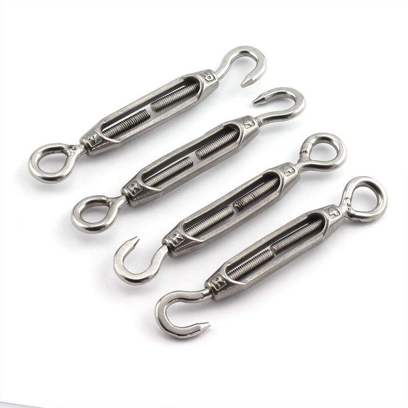JCBIZ 4pcs M4 Turnbuckle Screw Hook to Eye Strainer Fence CO Open Body Draw-in Bolt 304 Stainless Steel Adjustable Wire Rope Tensioner - Image 1