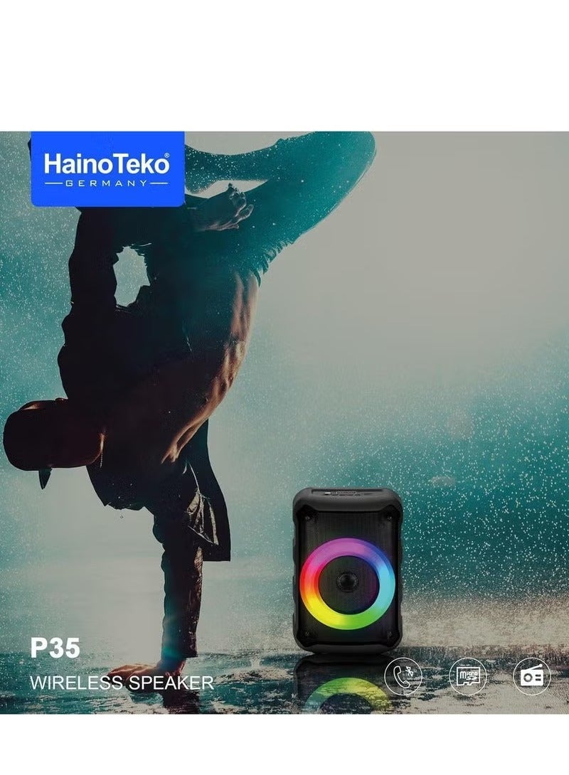 HainoTeko P35 Portable Wireless Bluetooth Speaker with 1 Microphone for Indoor & Outdoor Use – 360° Sound, Deep Bass, Long Battery Life, Compact Design, Bluetooth 5.0 – Black  - Image 2