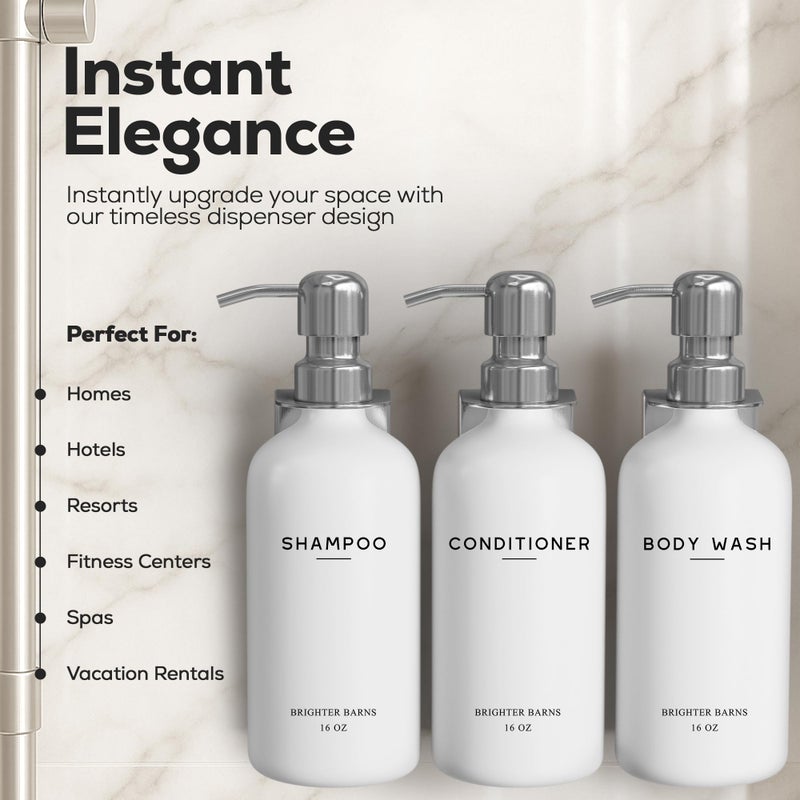 Brighter Barns Luxury Shampoo and Conditioner Dispenser Set Wall Mounted by Brighter Barns - Refillable Shampoo Dispenser for Shower Wall - Shower Bottles 3 Chamber No Drill for Guest Bathroom, Airbnb, Hotel (White) - Image 2