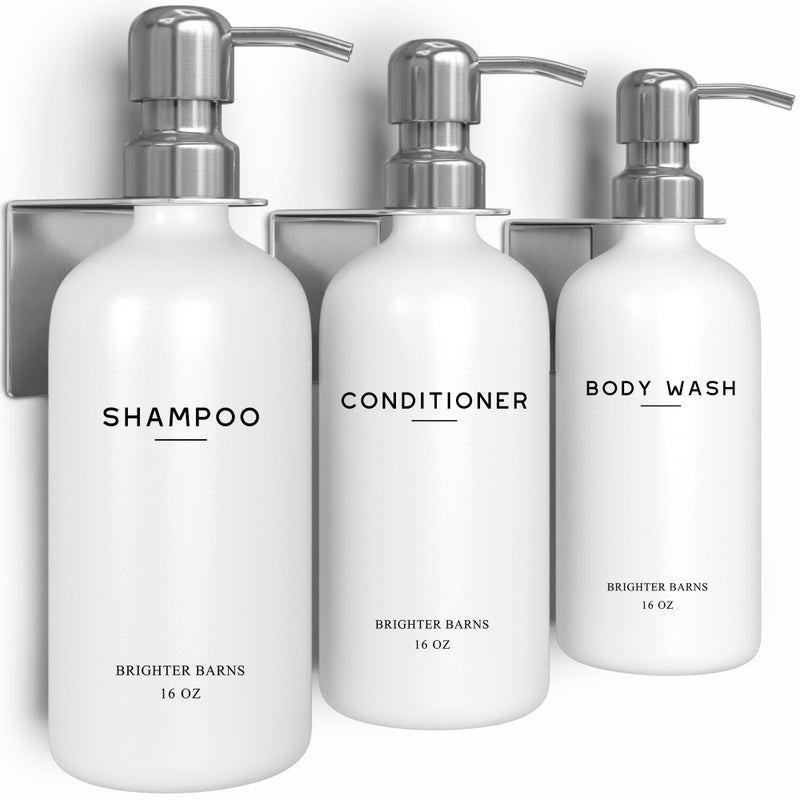 Brighter Barns Luxury Shampoo and Conditioner Dispenser Set Wall Mounted by Brighter Barns - Refillable Shampoo Dispenser for Shower Wall - Shower Bottles 3 Chamber No Drill for Guest Bathroom, Airbnb, Hotel (White) - Image 1