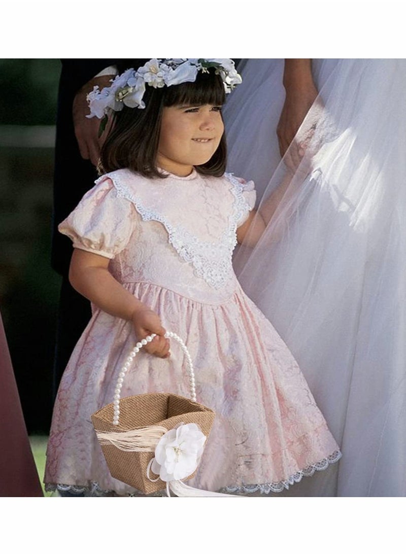 Excefore Wedding Flower Girl Basket with White Pearl Ribbon Flower, Rustic Burlap Hamper Jute Flower Basket Rose Pearl Storage Basket for Engagement Wedding Ceremony  Decoration Photo Props  - Image 2