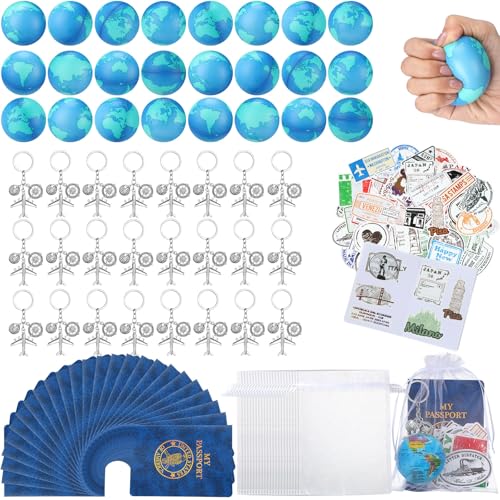 Maitys 144 Pcs Travel Party Earth Stress Balls Airplane Keychain Passport Book with Assorted Travel Stickers for Scrapbooks Organza Bags for Adults Adventure Theme Party Supplies - Image 1