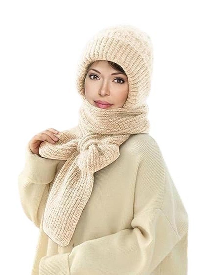 ASHAPURA CREATION 2 in 1 Windproof Scarf With Cap Integrated Ear Guard Hat Plus Velvet, Winter Warm Stole Soft Knitted Beanie Hats Scarf- Fur Cap with Stylish Muffler Woolen Caps for Women & Girls (White-Color) - Image 1