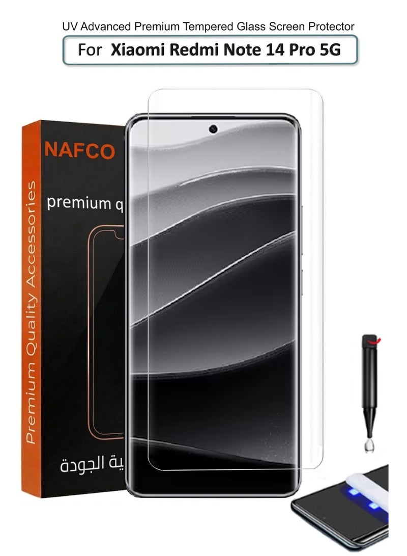 NAFCO Xiaomi Redmi Note 14 Pro 5G - UV Advanced Premium Tempered Glass Screen Protector Guard , Full Adhesive UV Curved Case Friendly HD Clarity With Installation Kit - Image 1