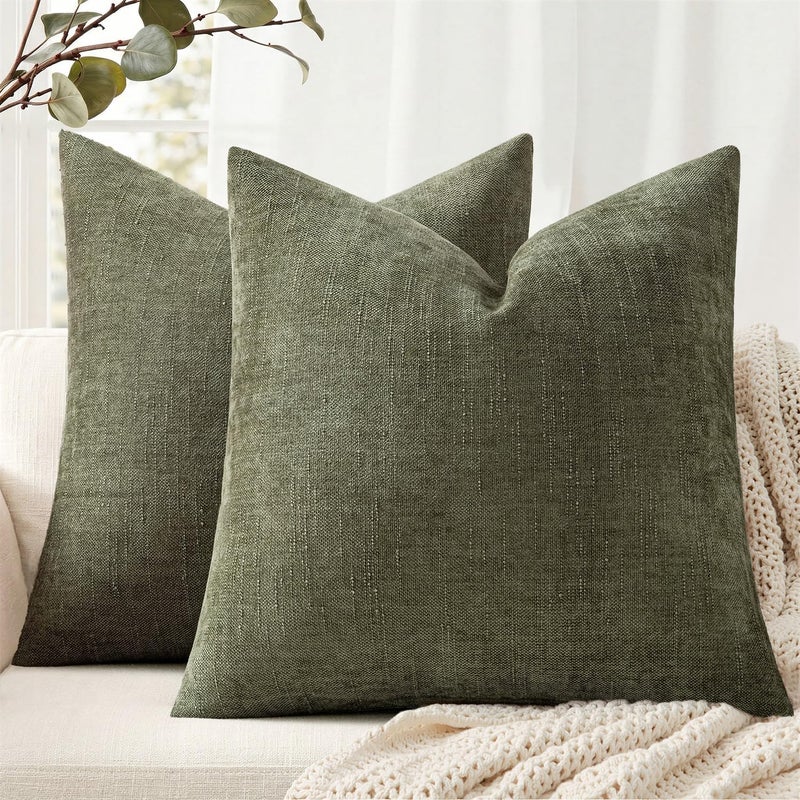 ANRODUO Pack of 2 Decorative Textured Throw Pillow Covers Soft Olive Green Square Accent Solid Chenille Cushion Cover Cozy Farmhouse Pillow Case for Couch Sofa Bed Living Room Summer Decor 18x18 Inch - Image 2