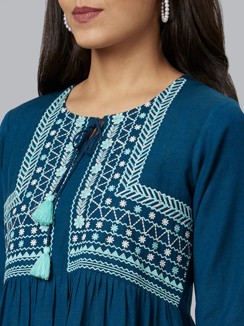 globus Women Ethnic Motifs Tie-Up Neck Fit & Flare Ethnic Dress