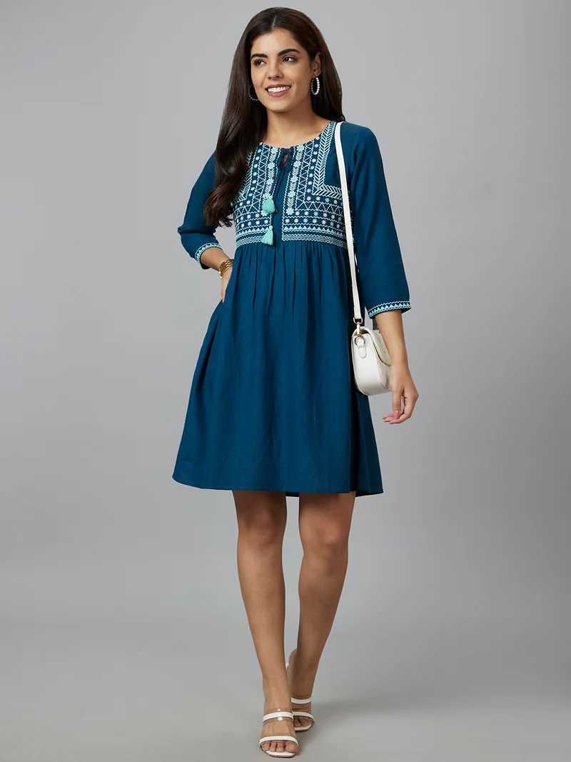 globus Women Ethnic Motifs Tie-Up Neck Fit & Flare Ethnic Dress