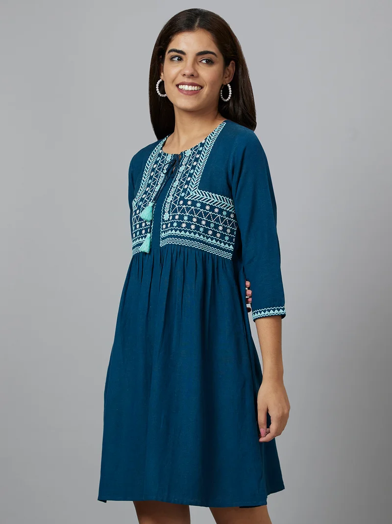 globus Women Ethnic Motifs Tie-Up Neck Fit & Flare Ethnic Dress