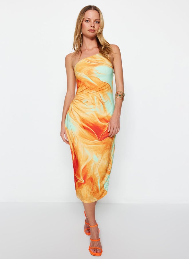trendyol Orange Printed Bodycon Midi One Shoulder Adjustable Strap Knitted Pencil Dress  - Image 1