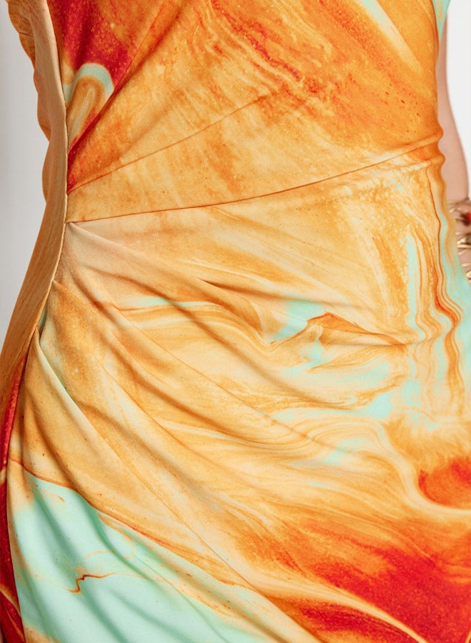 trendyol Orange Printed Bodycon Midi One Shoulder Adjustable Strap Knitted Pencil Dress  - Image 5