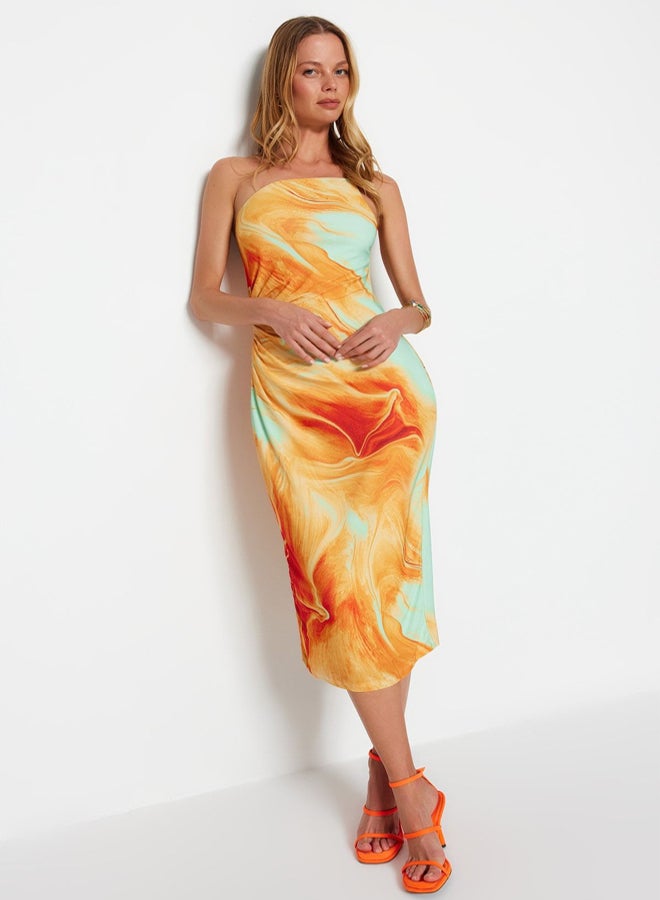 trendyol Orange Printed Bodycon Midi One Shoulder Adjustable Strap Knitted Pencil Dress - Image 2