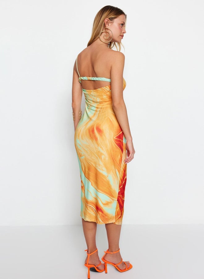 trendyol Orange Printed Bodycon Midi One Shoulder Adjustable Strap Knitted Pencil Dress - Image 5