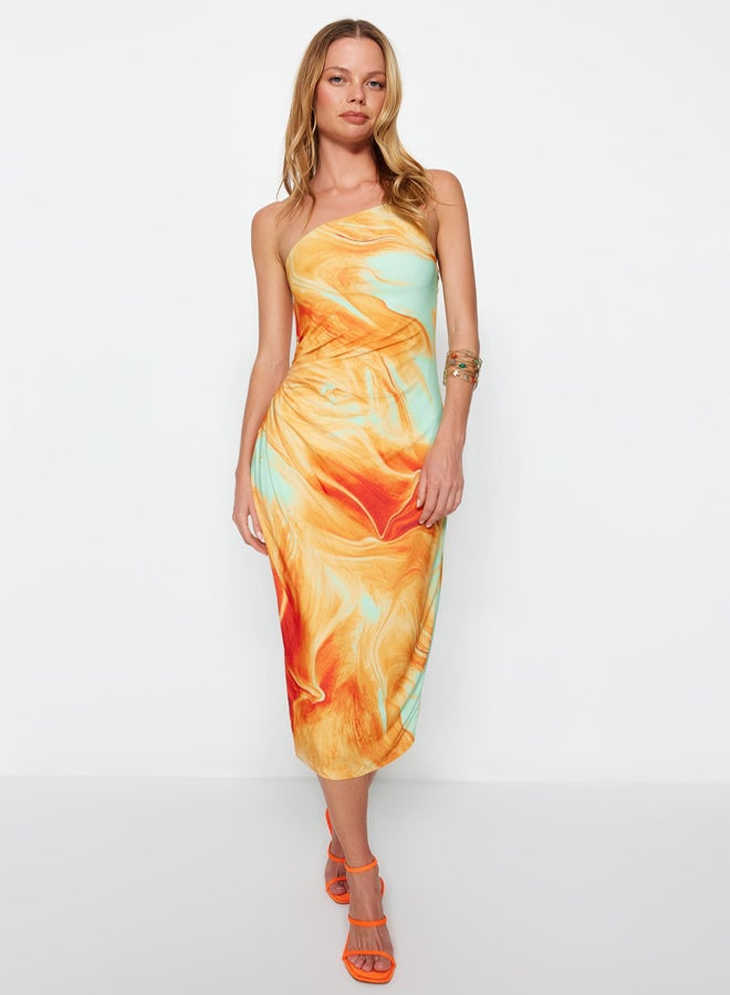 trendyol Orange Printed Bodycon Midi One Shoulder Adjustable Strap Knitted Pencil Dress - Image 1