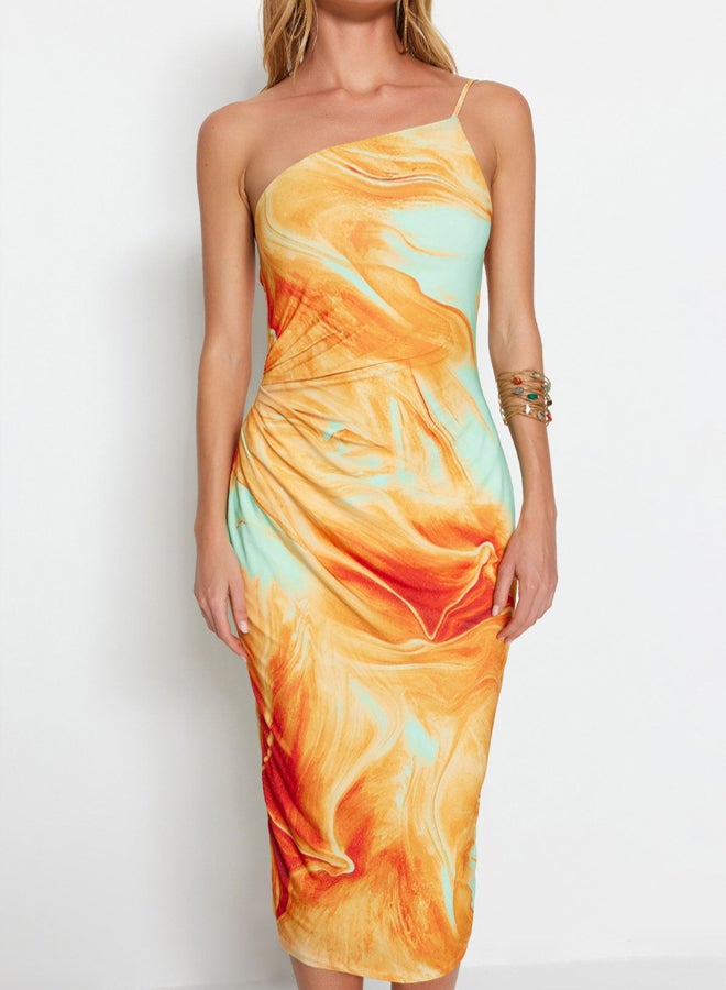 trendyol Orange Printed Bodycon Midi One Shoulder Adjustable Strap Knitted Pencil Dress - Image 4
