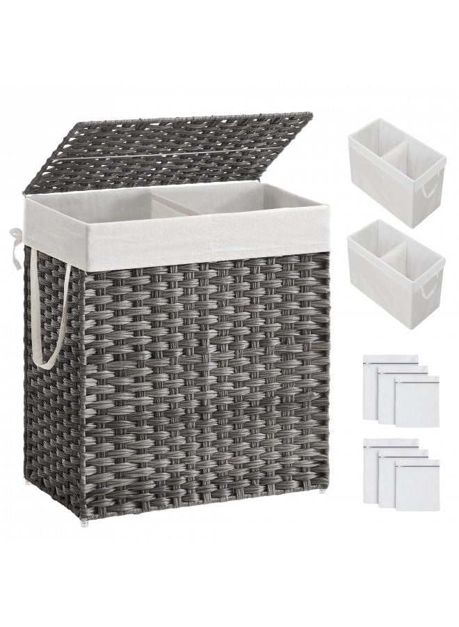SONGMICS SONGMICS Laundry Hamper with Lid, 110L Clothes Hamper with 2 Removable Liner Bags & 6 Mesh Bags, Wicker Laundry Basket, Double Laundry Hamper for Bathroom, 13 x 22.4 x 23.6 Inches, Gray ULCB52WG  - Image 1