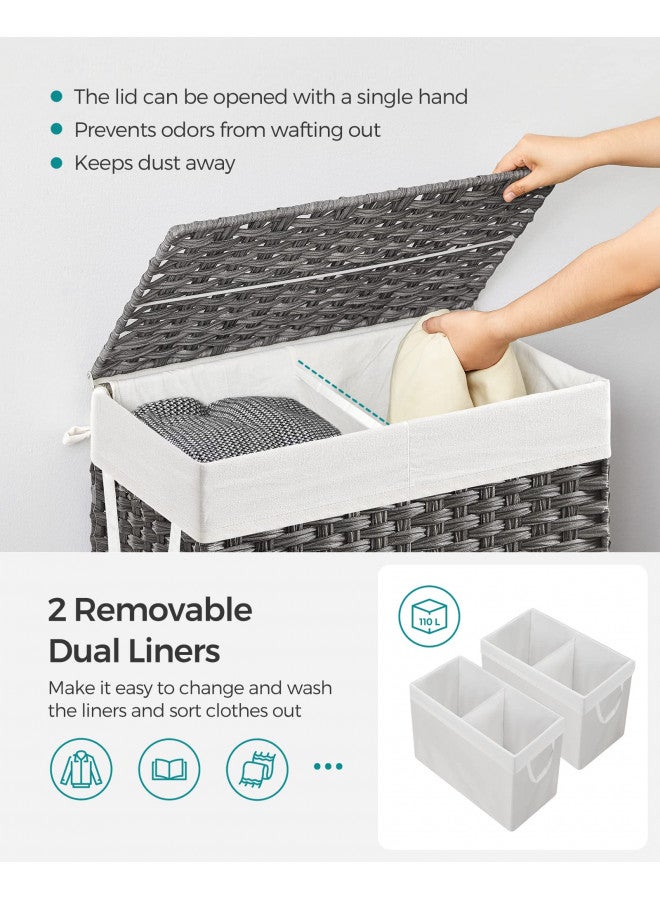 SONGMICS SONGMICS Laundry Hamper with Lid, 110L Clothes Hamper with 2 Removable Liner Bags & 6 Mesh Bags, Wicker Laundry Basket, Double Laundry Hamper for Bathroom, 13 x 22.4 x 23.6 Inches, Gray ULCB52WG  - Image 3