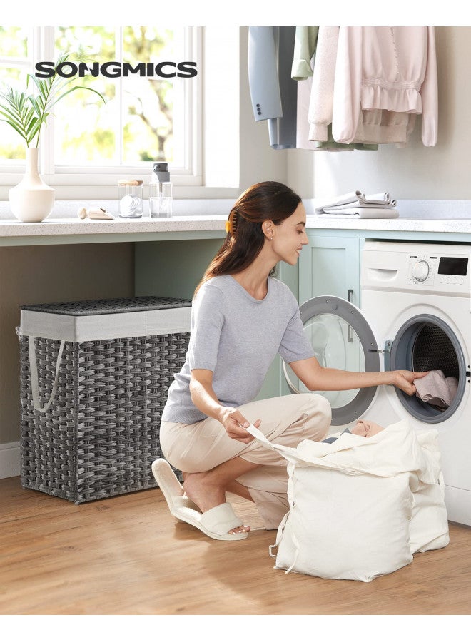 SONGMICS SONGMICS Laundry Hamper with Lid, 110L Clothes Hamper with 2 Removable Liner Bags & 6 Mesh Bags, Wicker Laundry Basket, Double Laundry Hamper for Bathroom, 13 x 22.4 x 23.6 Inches, Gray ULCB52WG  - Image 2