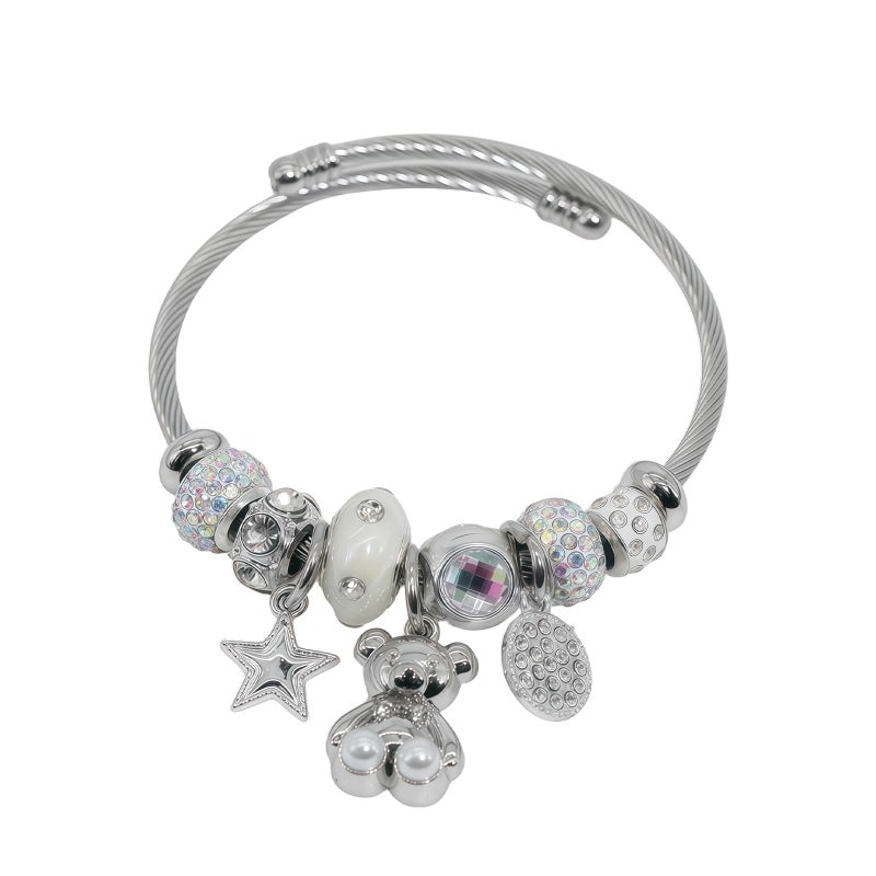 IUULOB Silver Women Bracelets - Adjustable Charm Bracelets for Women Birthday Gifts Favors Titanium Steel Bracelet Bundle Jewelry Kit (E: Bear - Stars) - Image 1