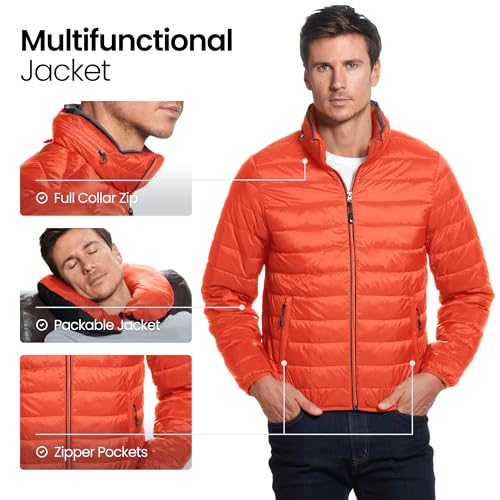 Weatherproof Men's Puffer Jacket, Lightweight Alternative Down Jacket with Packable Travel Neck Pillow, Travel-Ready Winter Jackets for Men, Water & Wind Resistant, Sunset, X-Large - Image 5
