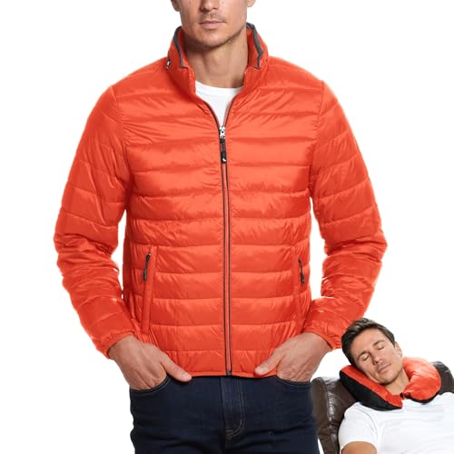 Weatherproof Men's Puffer Jacket, Lightweight Alternative Down Jacket with Packable Travel Neck Pillow, Travel-Ready Winter Jackets for Men, Water & Wind Resistant, Sunset, X-Large - Image 1