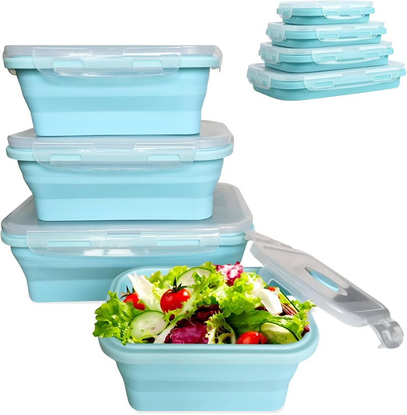 Collapsible Silicone Food Storage Containers Set (4 Pack) with Lids - BPA Free - Easy to Organize Your Kitchen - Microwave, Freezer (Blue) - Image 1