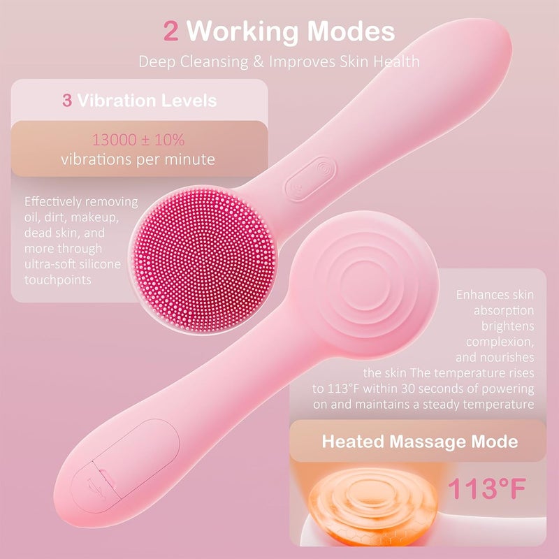 OUTIFUO Facial Cleansing Brush Silicone Face Scrubber Waterproof Rechargeable Exfoliator Massage Device for Men & Women, Deep Pore Cleansing, Exfoliating, Removing Blackhead Electric Face Scrub Brush (Pink) - Image 4