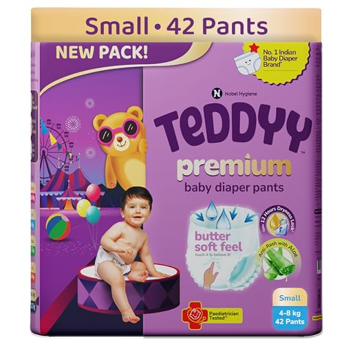 Teddyy Premium Baby Diapers S Size, Pant Style | Small (4-8 kg), 42 Pants | Butter Soft Feel | Anti-Rash with Aloe Vera &12 Hours Dryness Lock - Image 1