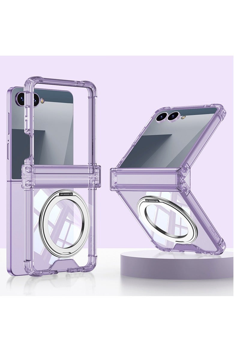 غطاء هاتف سامسونج جالكسي Z فليب 7 بحامل حلقي - شفاف، مقاوم للصدمات مع حامل قابل للطي.
