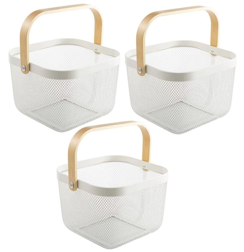 AJIODA 3 Pack Metal Mesh Steel Basket  Storage Organizer Basket Multi-function Hanging Kitchen Baskets Fruit Basket Bin with Wood Handle for Kitchen Bathroom Picnic Cabinet Home Decor  3PCS-White - Image 1