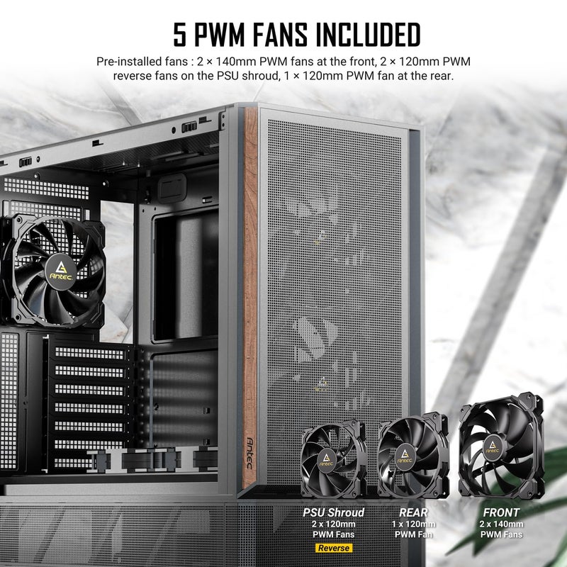 Antec P30 AIR, 2 x 140mm PWM Fans & 1 x 120mm PWM Fan & 2 x 120mm PWM Reverse Fans Included, Premium Wood Accents, Optimized GPU Airflow, 360mm Radiator Support, Type-C, Mid-Tower ATX Case - Image 3