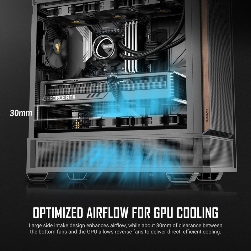 Antec P30 AIR, 2 x 140mm PWM Fans & 1 x 120mm PWM Fan & 2 x 120mm PWM Reverse Fans Included, Premium Wood Accents, Optimized GPU Airflow, 360mm Radiator Support, Type-C, Mid-Tower ATX Case - Image 5
