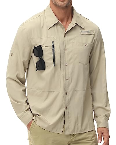 Satankud Men's Long Sleeve Fishing Shirts UPF 50+ Sun Protection Lightweight Hiking Travel Work Button Down Shirt Zipper Pocket (Khaki,Large) - Image 1