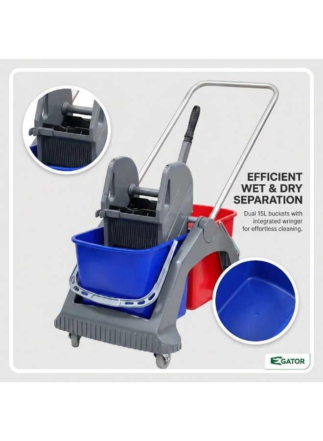 Gator Heavy-Duty 2-Bucket Mop Trolley with Wringer | Professional Janitorial Cleaning Cart | Commercial Floor Mopping System | 60L Capacity - Image 2