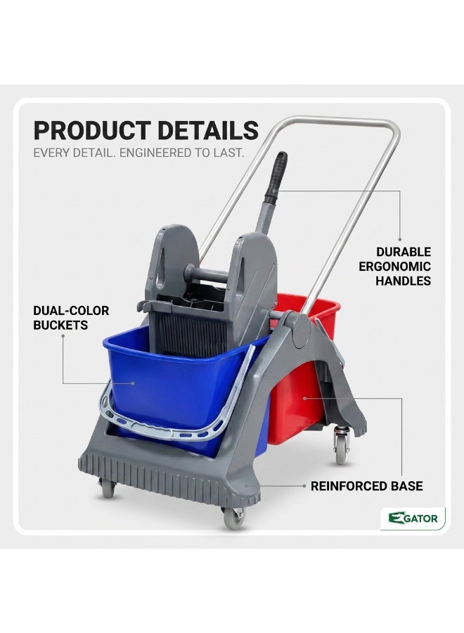 Gator Heavy-Duty 2-Bucket Mop Trolley with Wringer | Professional Janitorial Cleaning Cart | Commercial Floor Mopping System | 60L Capacity - Image 3
