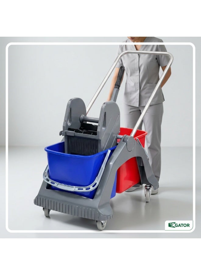 Gator Heavy-Duty 2-Bucket Mop Trolley with Wringer | Professional Janitorial Cleaning Cart | Commercial Floor Mopping System | 60L Capacity - Image 4
