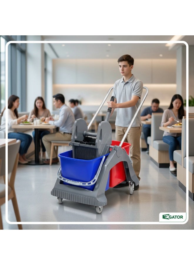 Gator Heavy-Duty 2-Bucket Mop Trolley with Wringer | Professional Janitorial Cleaning Cart | Commercial Floor Mopping System | 60L Capacity - Image 5